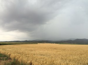Dark clouds gather over the horizon in Almonacid de la Sierra.
