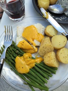 Judith's poached cod, asparagus and new potatoes with hollandaise  sauce.