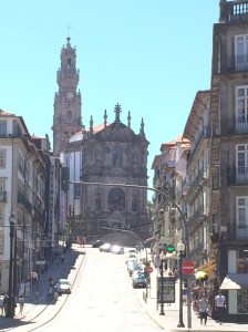 The iconic Torre dos Clerigos built in the 18th century by an Italian architect as seen from Rua dos Clerigos.