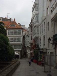 La Coruna city centre with typical buildings with glass covered balconies or "Gallerias".