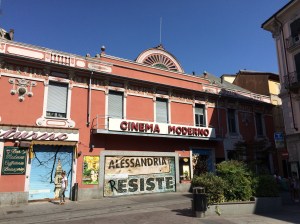 Banner outside the 'Cinema Moderno' in Alessandria saying 