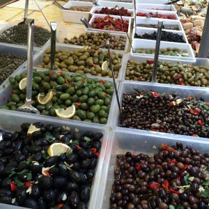 Endless variety of olives at the market in Vieste.