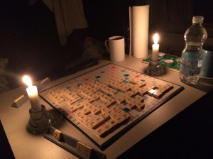 Black-out at the Poseidon campsite and scrabble by candle-light.