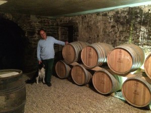 Laurent and Merlot in the cellar at Chateau de l'Hestrange.